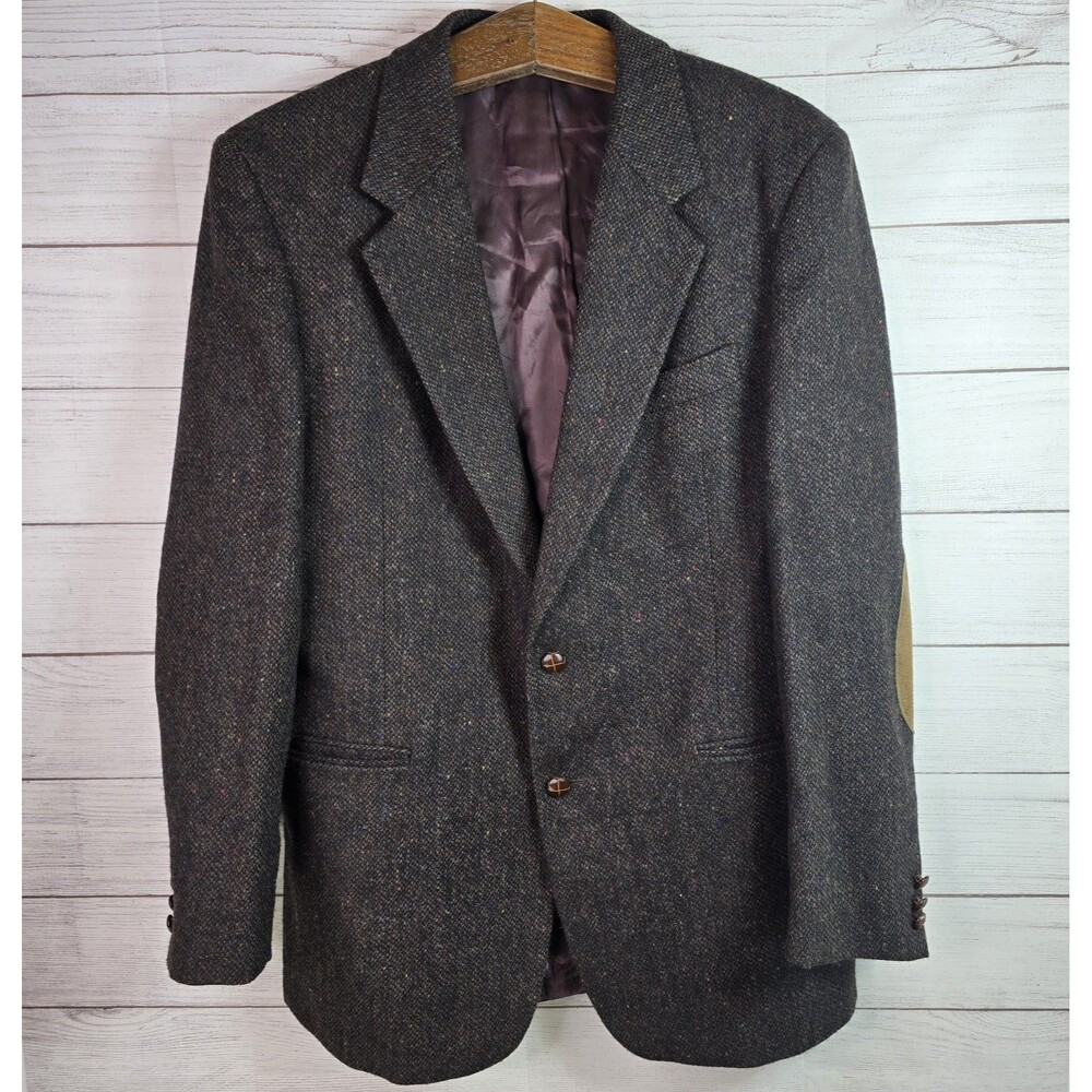 Vintage Boston Traders Mens Sz 42L Jacket Blazer Brown Tweed Elbow Patches Wool